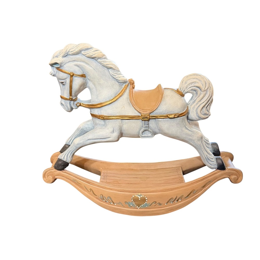 Vintage Style Ceramic Rocking Horse Figurine Blue Gold Hand Painted Decor 11x9.5